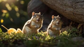 Two adorable chipmunks stand on green grass near a log, enjoying a sunny afternoon in nature photo