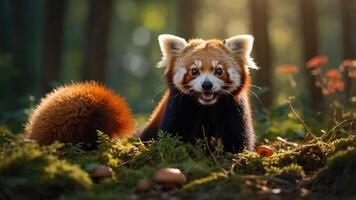 A red panda playfully exploring a forest floor covered in moss and mushrooms during golden hour photo