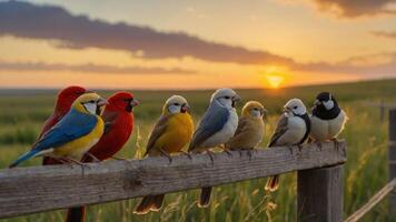 Colorful birds perched on a wooden fence during a sunset in a serene landscape photo
