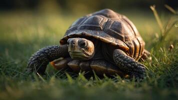 Close-up of a tortoise crawling on lush green grass in a serene outdoor setting at sunset photo