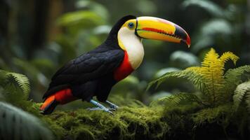 Colorful toucan perched on lush green moss amidst tropical foliage in a vibrant rainforest setting photo