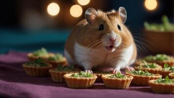 A playful hamster enjoying small tartlets filled with greens on a festive table setting photo