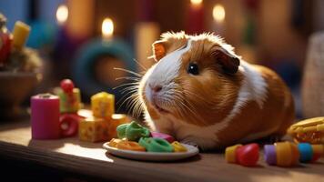 A cute guinea pig sitting on a wooden table surrounded by colorful toys and snacks, with candles in the background photo