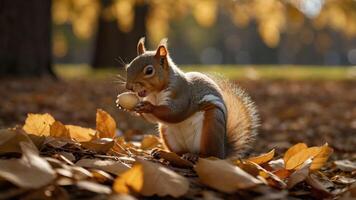 Squirrel Holding Nut Amidst Colorful Autumn Leaves in a Peaceful Park Setting photo