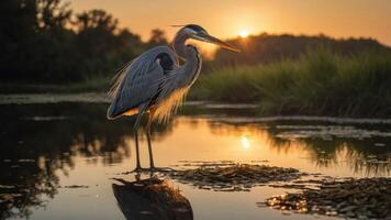 Majestic heron wading in serene waters at sunset, reflecting golden hues in tranquil landscape photo