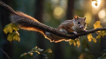 A playful squirrel resting on a branch in a sunlit forest, surrounded by lush greenery photo