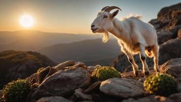Goat standing on rocky terrain during sunset, surrounded by greenery and mountains in the background photo