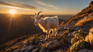 Goat standing on rocky terrain during sunset with mountains and cacti in the background photo