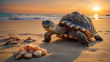 A turtle on a sandy beach at sunset, exploring seashells near the shoreline, with waves in the background photo