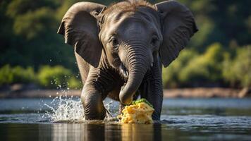 Young elephant playfully splashing in water while holding a piece of food amidst lush greenery photo