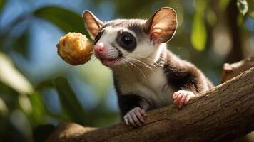 A playful marsupial perched on a branch, enjoying a snack amidst lush greenery and sunlight photo