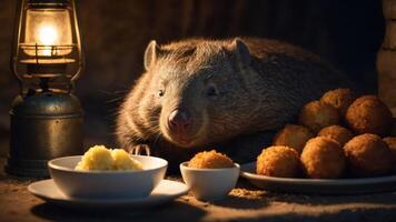 A cozy scene featuring a wombat enjoying a meal of mashed potatoes and croquettes by lantern light photo