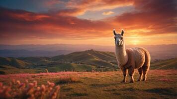 A serene sunset landscape featuring a llama standing in a field of flowers with mountains in the background photo