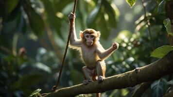 A playful young monkey swinging on a branch in a lush green forest, with sunlight filtering through leaves photo