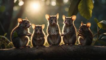 Five adorable small marsupials sitting on a branch in a lush forest during sunset photo