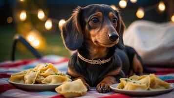 A dachshund lounging on a picnic blanket surrounded by plates of pasta under string lights photo