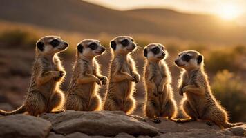 Group of meerkats standing on a rock formation during sunset, observing their surroundings photo
