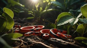 Vibrant red and black snake resting on forest floor surrounded by lush green foliage and sunlight photo