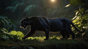 A black panther prowls through lush greenery under soft lighting in a dense jungle setting photo