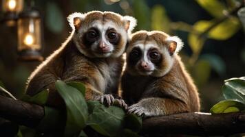 Two slow lorises perched on a branch surrounded by lush foliage, illuminated by soft lantern light photo