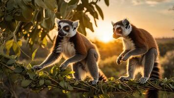Two lemurs playfully interacting on a branch during a vibrant sunset in a lush environment photo