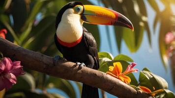Vibrant toucan perched on a branch surrounded by colorful flowers in a tropical paradise photo