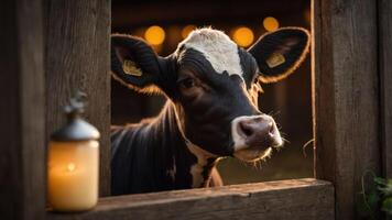 Close-up of a curious cow peering through a wooden fence in a rustic barn setting with warm lights photo
