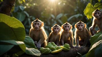 Five monkeys sitting on a branch surrounded by lush green leaves, enjoying fruits in a forest photo