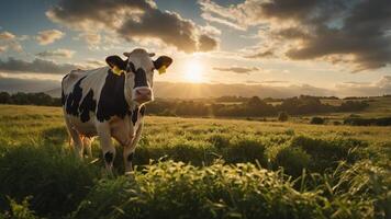 A serene cow stands in a lush green field at sunset, with mountains and clouds in the background photo