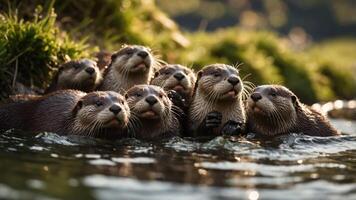Group of playful otters swimming and interacting in a serene river environment during sunset photo