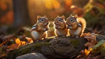 Three chipmunks sitting on a rock in a forest during autumn, surrounded by colorful leaves photo