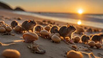 Small rodents exploring a sandy beach at sunset, surrounded by mushrooms and ocean waves photo