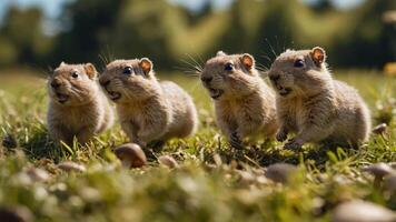 Four playful small mammals running across a grassy field with a blurred natural background photo