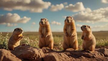 Four prairie dogs standing on rocks in a grassy field under a cloudy sky at sunset photo