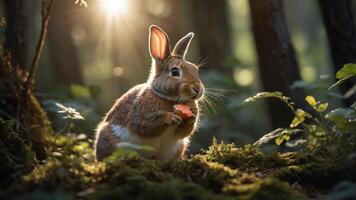 A rabbit enjoying a carrot in a sunlit forest, surrounded by lush greenery and soft moss photo