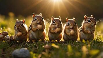 Five chipmunks enjoying mushrooms in a sunlit meadow with a soft glow in the background photo