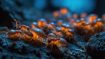 Close-up of glowing ants interacting in a dark forest environment, showcasing their habitat and behavior photo