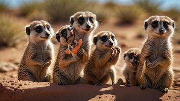A group of meerkats standing together in a desert landscape, showcasing their playful interaction photo