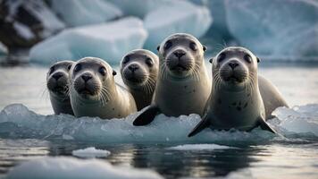 Group of seals curiously observing from floating ice in a serene Arctic landscape photo