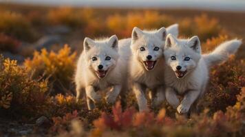 Three playful Arctic foxes running joyfully through colorful autumn foliage in a natural setting photo