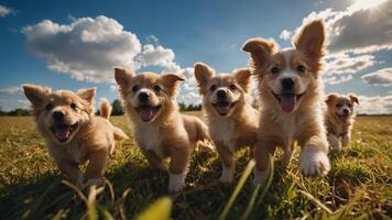Happy group of playful puppies running in a sunny field with blue sky and fluffy clouds photo