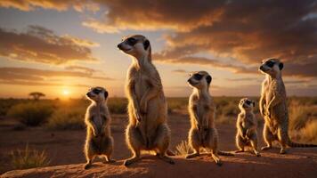 Five meerkats standing alert on a rock at sunset in a vast savannah landscape photo