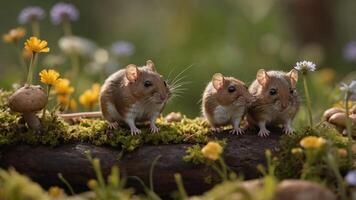 Three small mice exploring a vibrant meadow filled with colorful flowers and mushrooms photo
