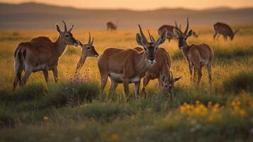 Herd of antelopes grazing in a vibrant meadow during sunset, surrounded by wildflowers and hills photo