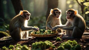 Three monkeys enjoying fresh broccoli in a sunlit forest, surrounded by lush greenery and soft light photo