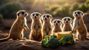 Group of six meerkats curiously observing a colorful spread of vegetables in a sunlit desert setting photo