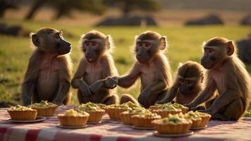Group of baboons sharing food on a picnic blanket in a serene natural setting during sunset photo