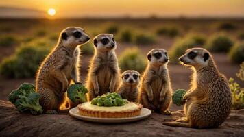 Group of meerkats gathered around a pie on a rock at sunset, with a desert landscape in the background photo