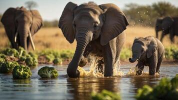 A herd of elephants splashes through a river, surrounded by lush greenery, showcasing wildlife in nature photo