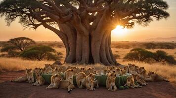 A serene sunset scene featuring a group of lions resting around a table under a large tree photo